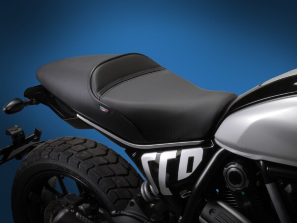 Sargent World Sport Motorcycle Seat on the 2023+ Ducati Scrambler with DTX, all black cafe racer solo version - available with red accents.